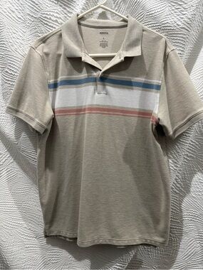 Sonoma Tan Polo with Blue, White & Coral Stripes